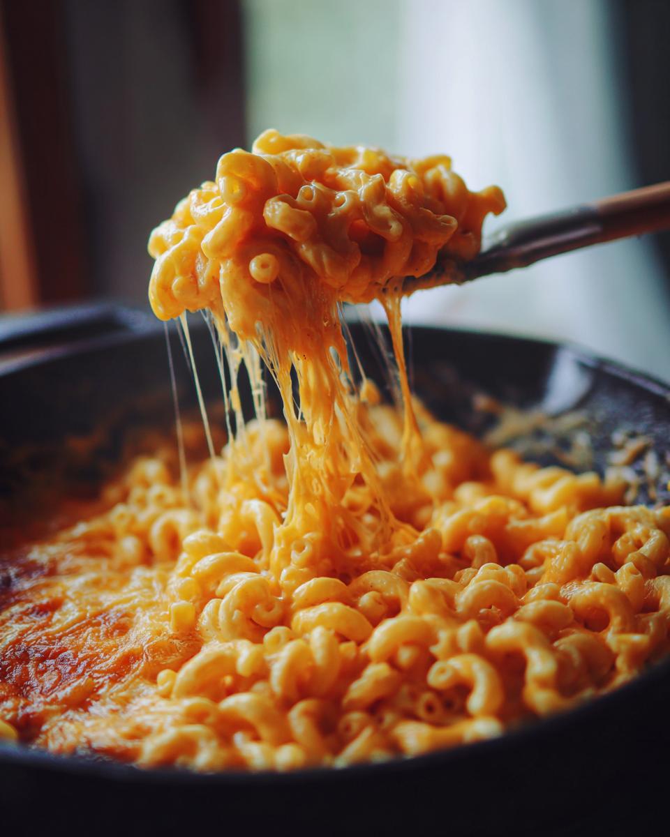 A spoonful of gooey 3 ingredient stovetop mac and cheese, showcasing a satisfying cheese pull over the creamy pasta.