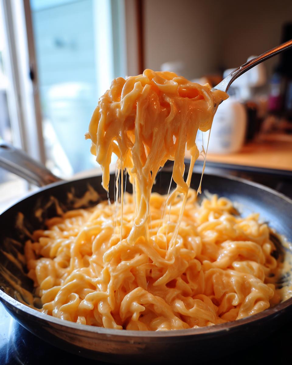 A fork lifting a gooey, cheesy portion of 3 ingredient stovetop mac and cheese from a skillet.