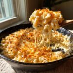 A spoonful of creamy 3 ingredient stovetop mac and cheese is lifted from a cast iron skillet, showing a delicious cheese pull.