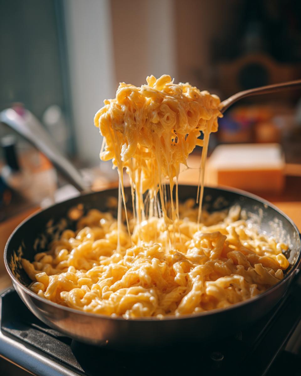 A fork lifting a generous portion of creamy 3 ingredient stovetop mac and cheese from a skillet, with cheese strings stretching.