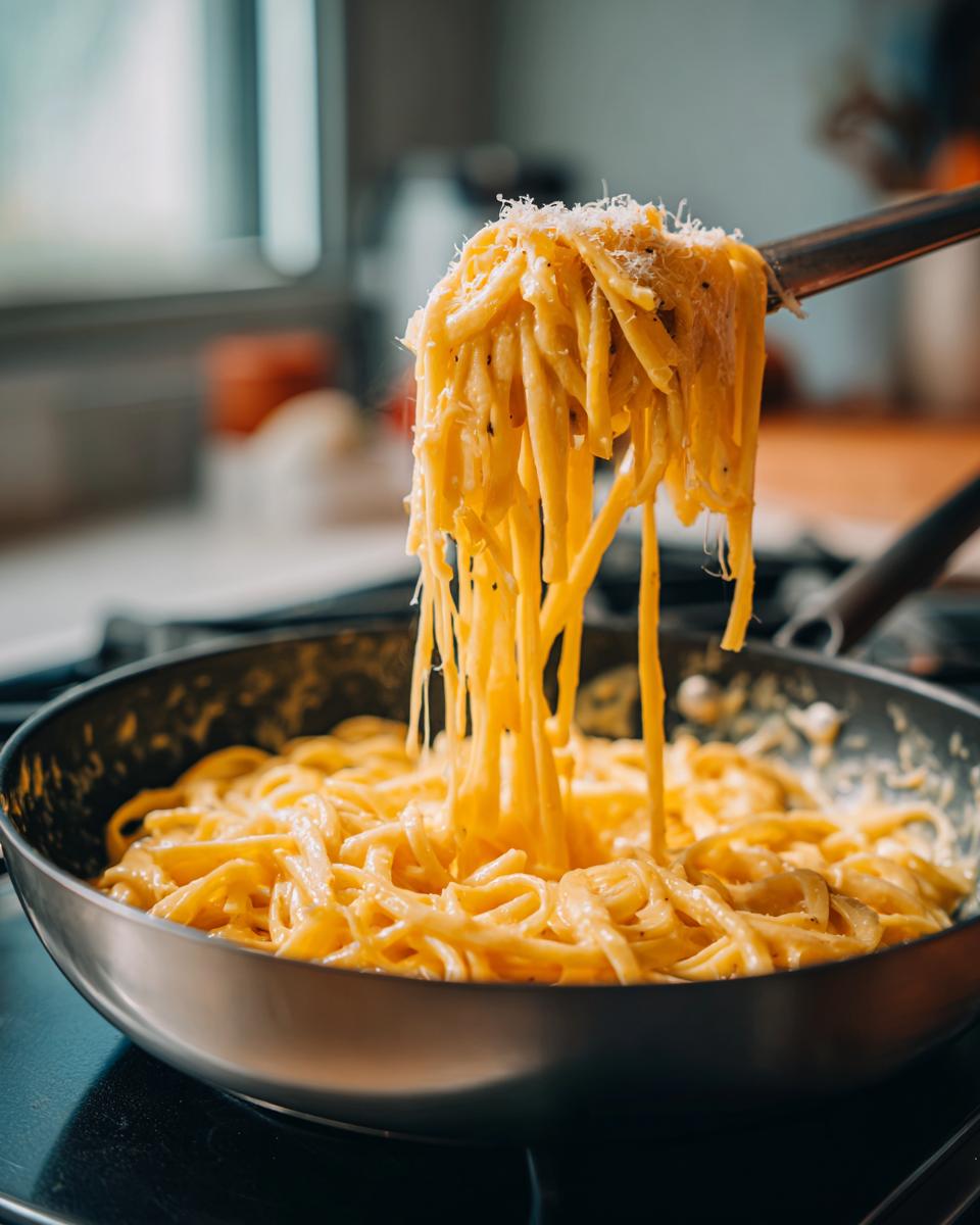 Close-up of creamy 3 ingredient stovetop mac and cheese being lifted from a pan with a fork.