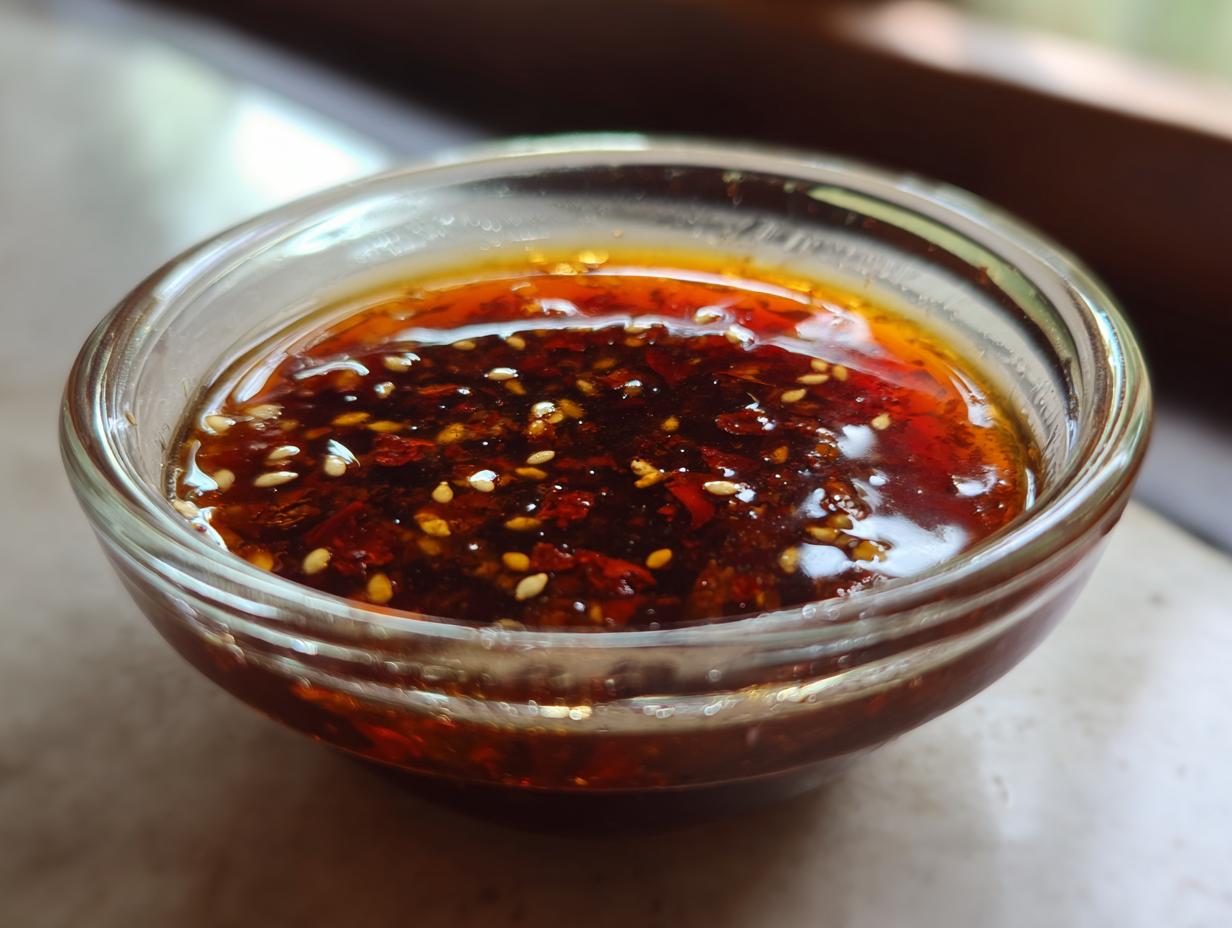 Close-up of a small glass bowl filled with rich, dark red dumpling sauce, topped with sesame seeds and chili flakes.