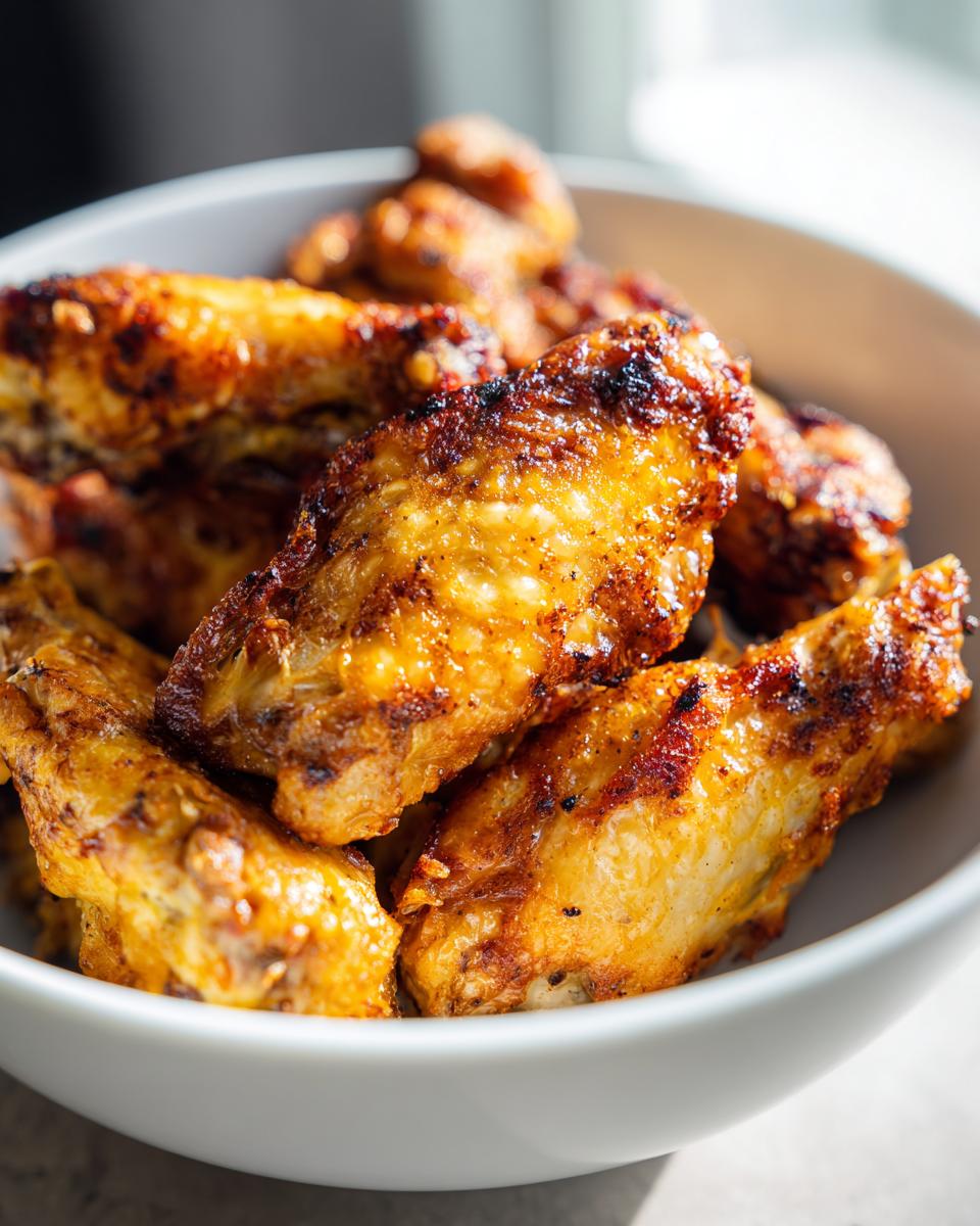 A close-up of a white bowl filled with golden brown, crispy air fryer chicken wings.