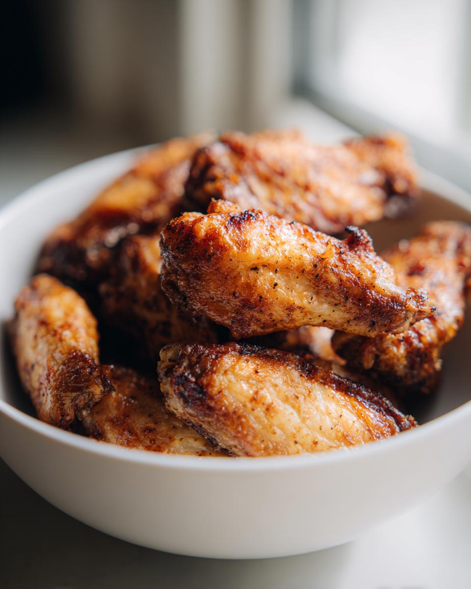 Close-up of a white bowl filled with golden-brown, crispy air fryer chicken wings.