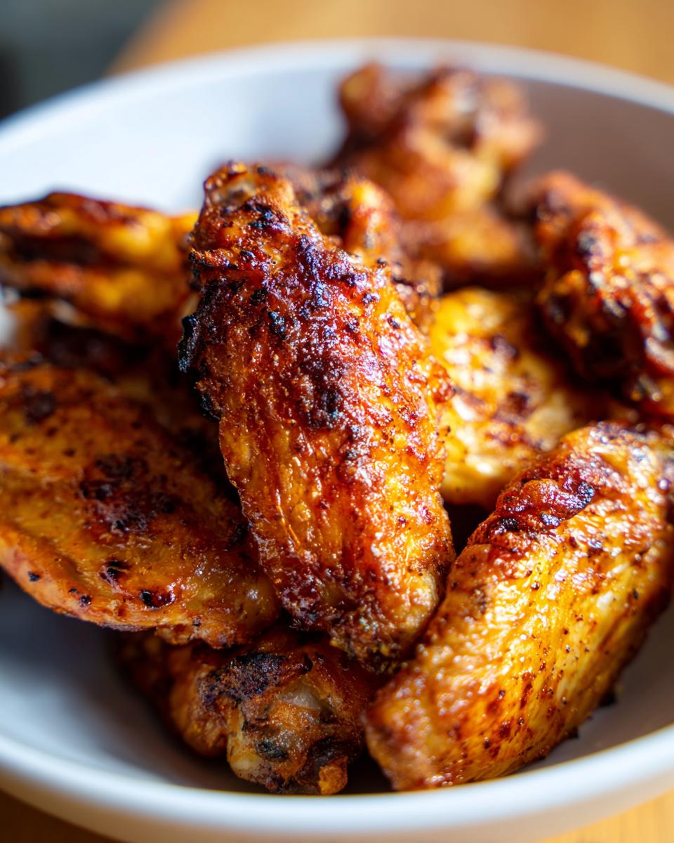 Close-up of golden brown, crispy air fryer chicken wings piled in a white bowl.