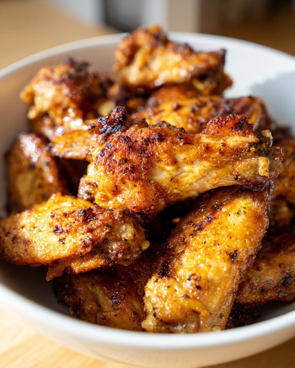 Close-up shot of a bowl filled with golden-brown, crispy air fryer chicken wings.