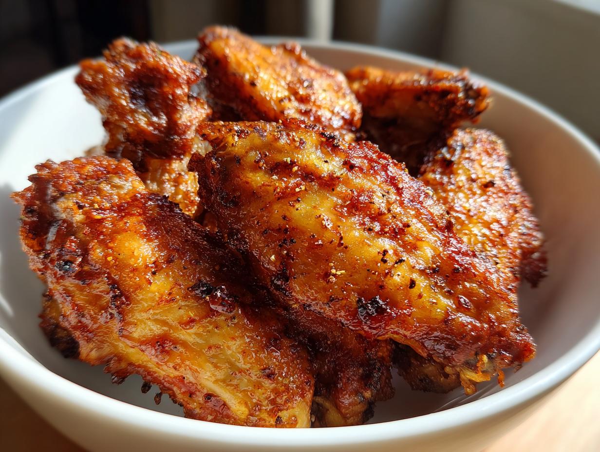 Close-up of golden brown, crispy air fryer chicken wings seasoned with spices in a white bowl.