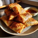 A pile of golden brown, crispy air fryer rice paper dumplings served with a dipping sauce.