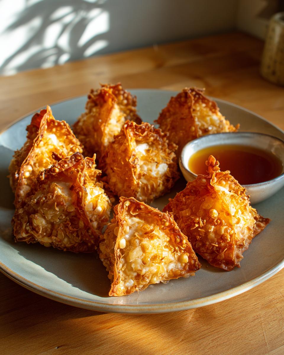 Golden brown, crispy air fryer rice paper dumplings arranged on a plate with a small dish of dipping sauce.
