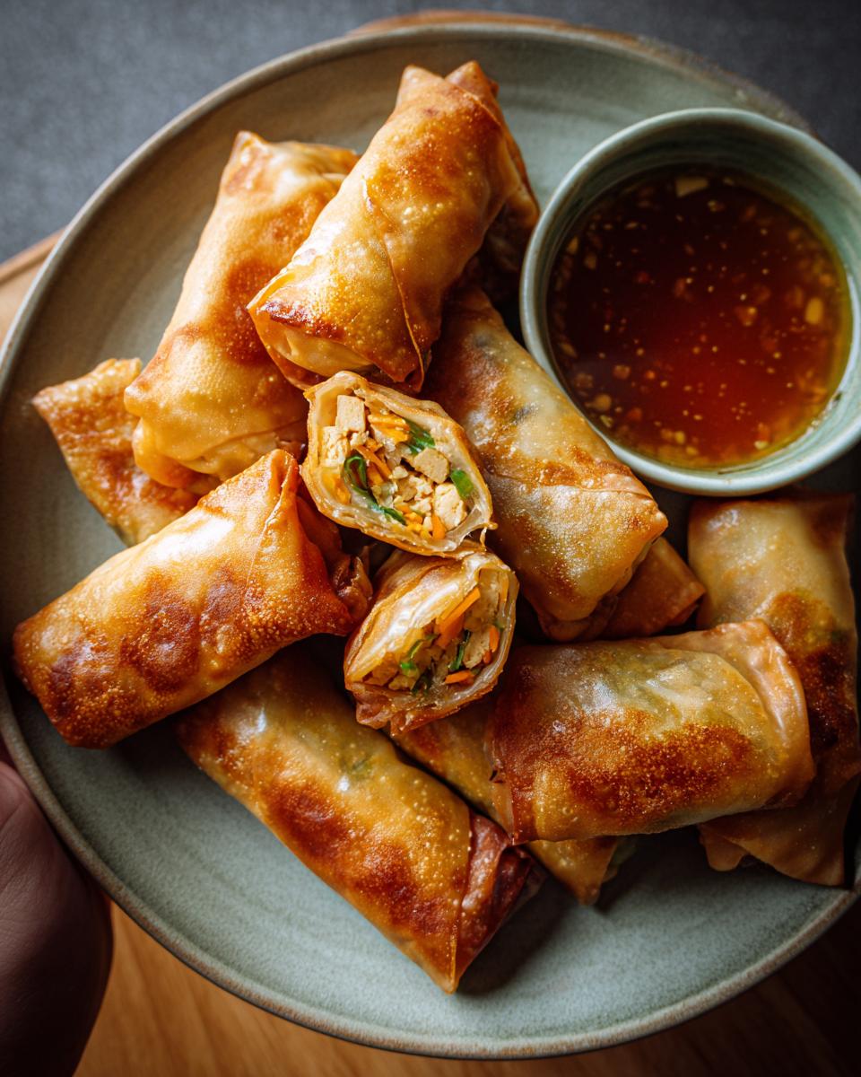A plate of golden brown, crispy air fryer rice paper dumplings with a small bowl of dipping sauce.