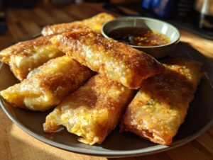 A plate of golden brown, crispy air fryer rice paper dumplings served with a dipping sauce.