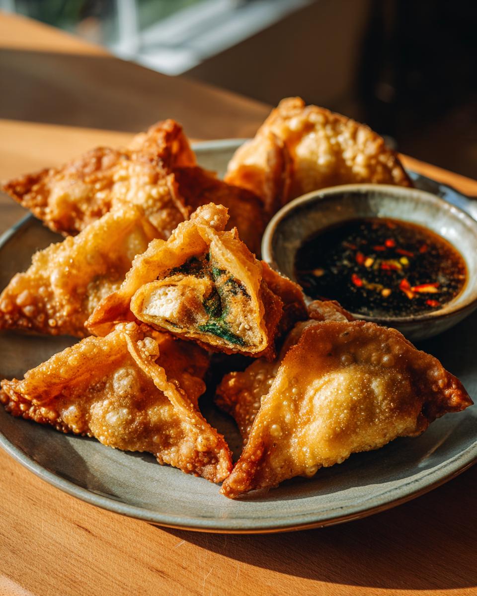 A plate of golden brown, crispy air fryer rice paper dumplings with a side of dipping sauce.
