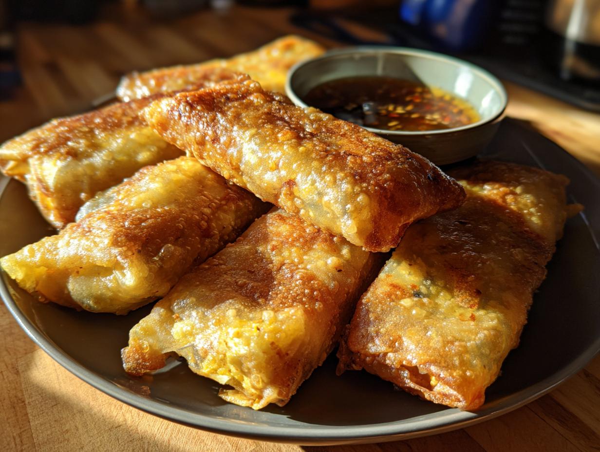 A plate of golden brown, crispy air fryer rice paper dumplings served with a dipping sauce.