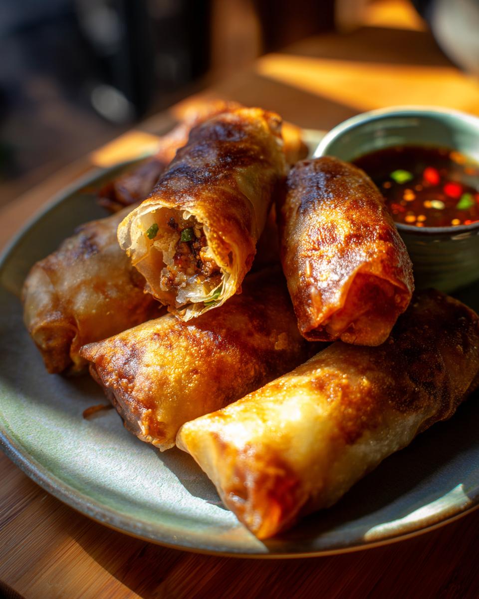 Golden brown, crispy air fryer rice paper dumplings piled on a plate with a small bowl of dipping sauce.