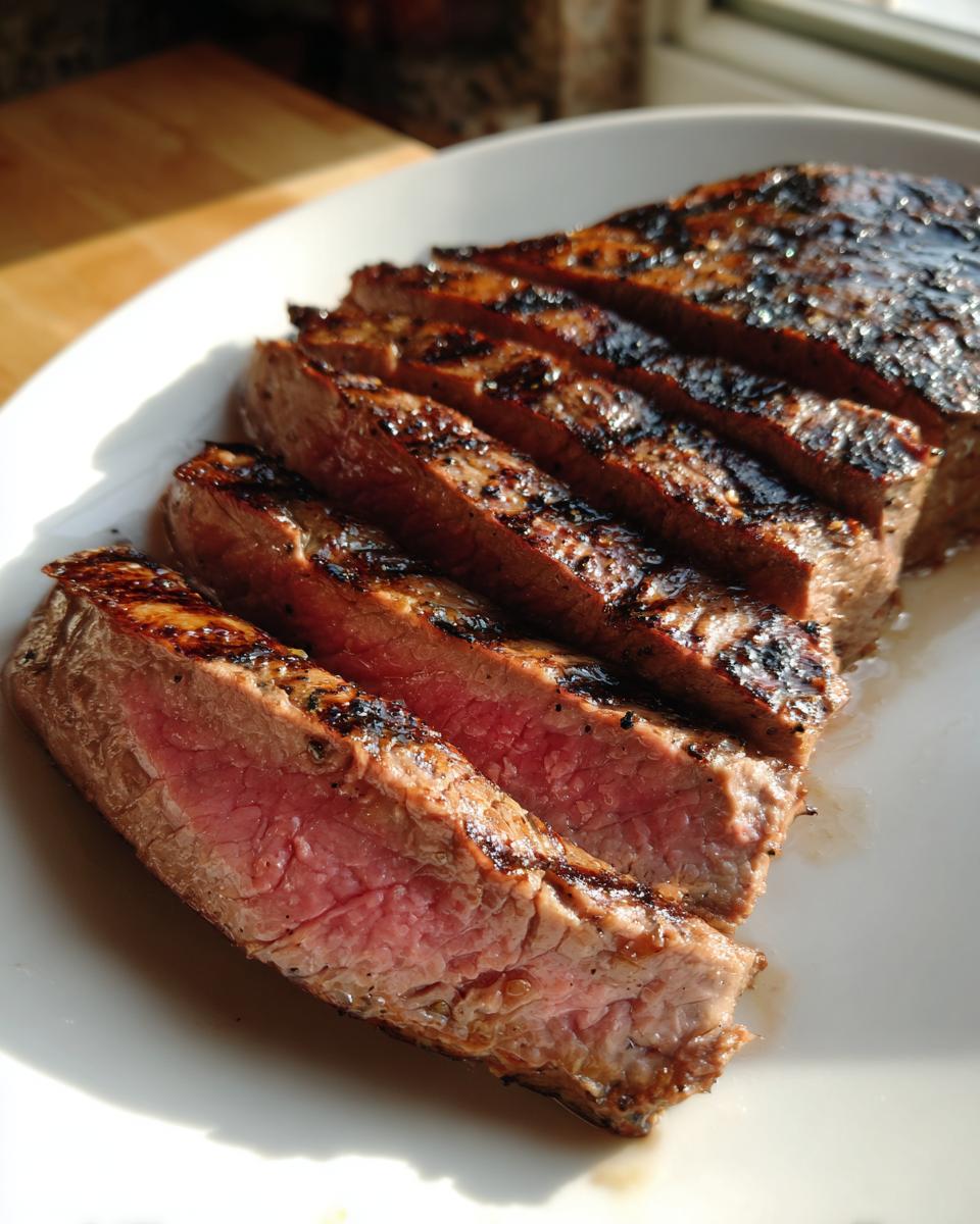 Close-up of perfectly cooked Alton Brown London broil, sliced to reveal a tender pink interior and a charred exterior.