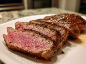 Close-up of perfectly cooked Alton Brown London broil, sliced and glistening with herbs.