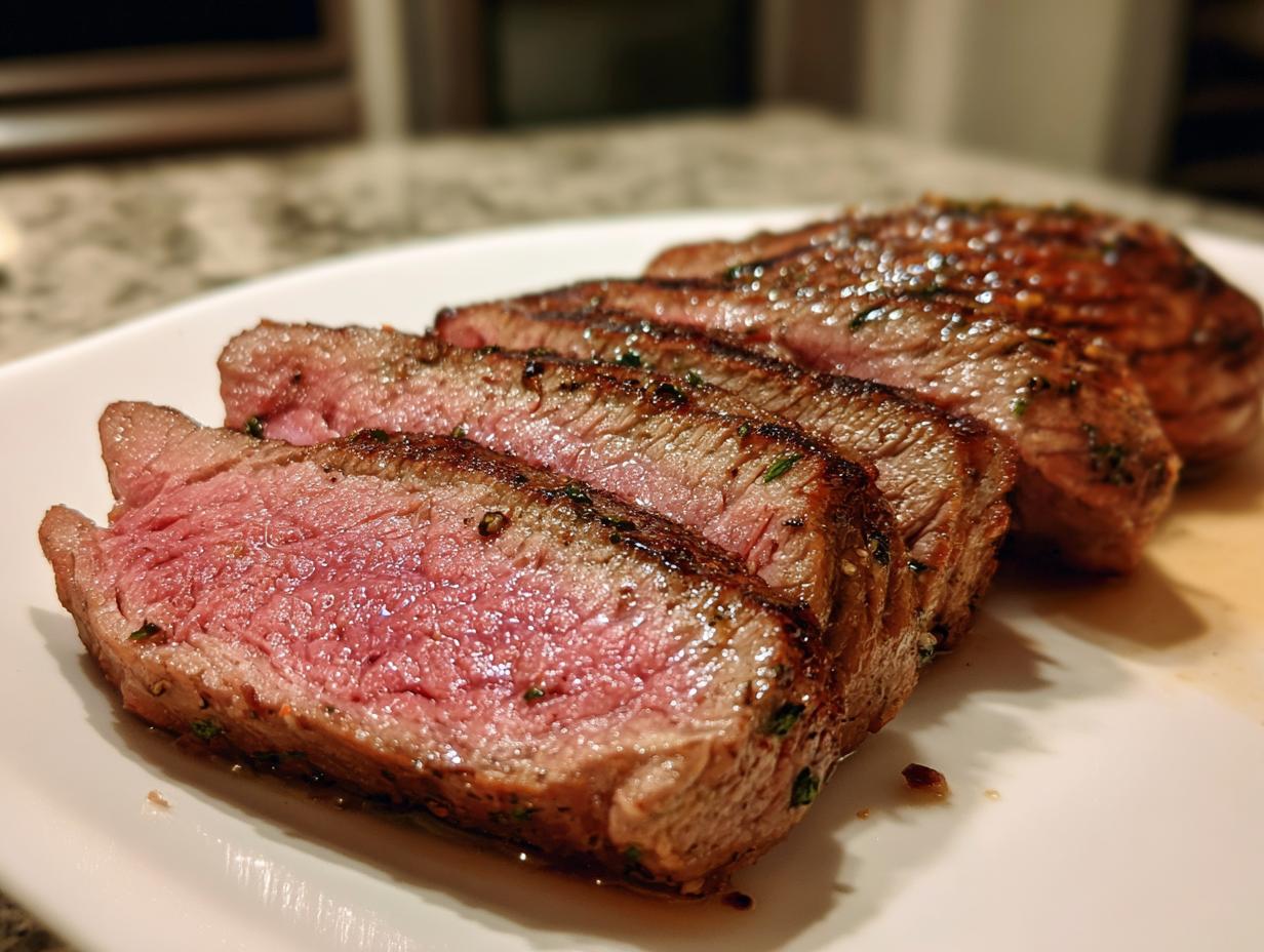 Close-up of perfectly cooked Alton Brown London broil, sliced and glistening with herbs.