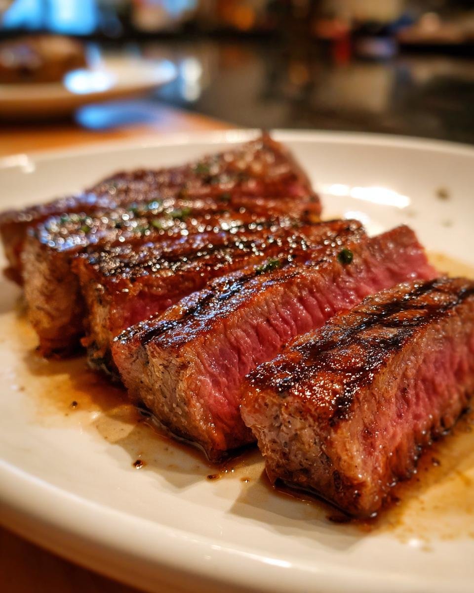 Close-up of perfectly cooked Alton Brown London broil, sliced and glistening with juices on a white plate.