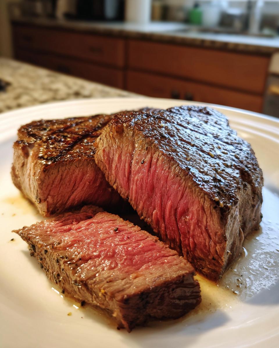 Close-up of a perfectly cooked Alton Brown London broil steak, sliced to reveal a juicy pink interior.