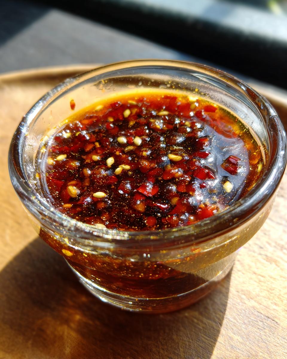Close-up of a small glass bowl filled with rich, dark dumpling sauce, featuring visible chili flakes and sesame seeds.