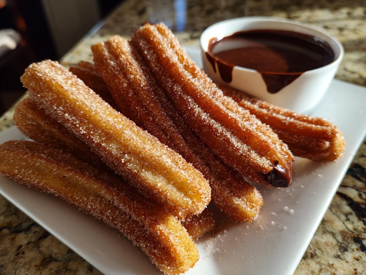 A plate of freshly fried churros coated in cinnamon sugar, served with a bowl of rich chocolate dipping sauce.