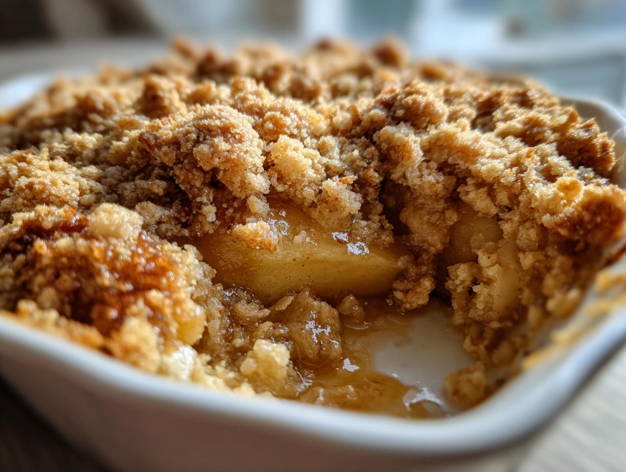 A close-up, inviting shot of a freshly baked apple crumble in a white dish, with bubbling fruit and a golden crumb topping.