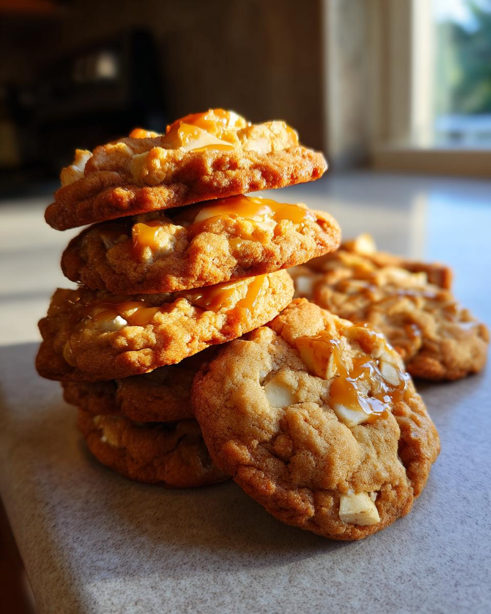 A stack of golden brown apple pie cookies topped with white chocolate chunks and a caramel drizzle.