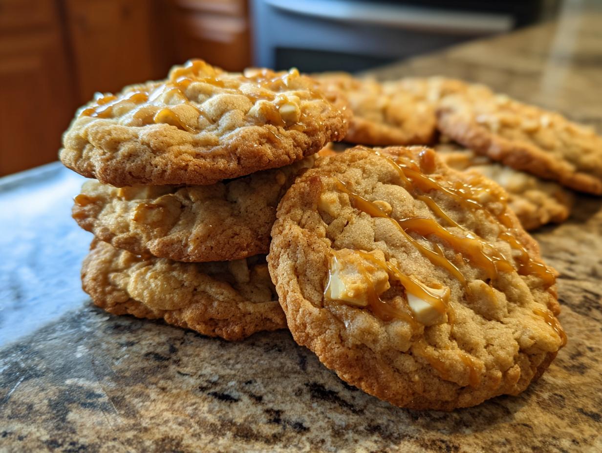 A stack of golden-brown apple pie cookies drizzled with caramel sauce, with more cookies in the background.