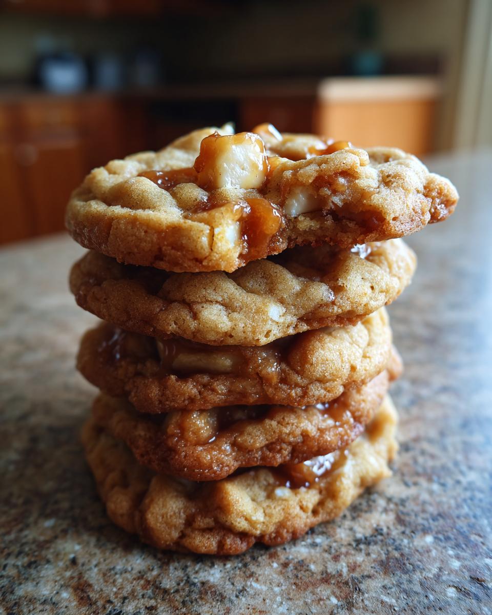 A stack of four gooey apple pie cookies, drizzled with caramel and topped with macadamia nuts.