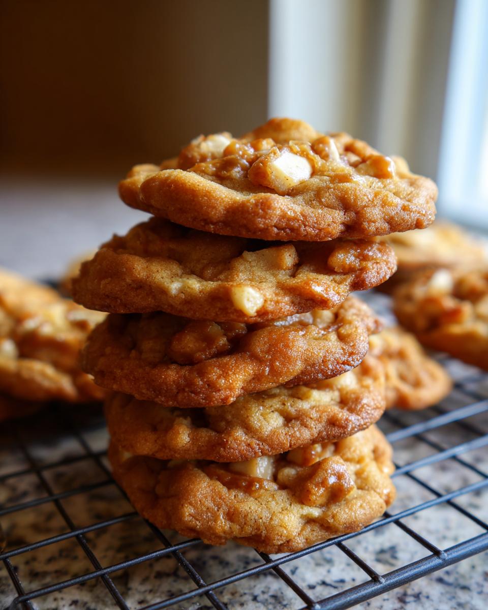 A close-up stack of freshly baked apple pie cookies with visible chunks of apple and caramel.