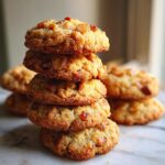 A tall stack of golden brown apple pie cookies, studded with pieces of apple and cinnamon.
