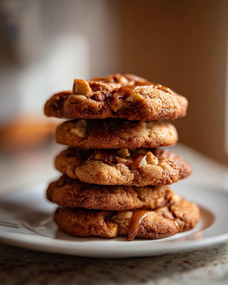 A stack of five delicious apple pie cookies drizzled with caramel on a white plate.