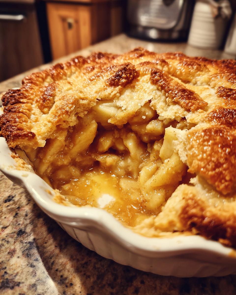 Close-up of a golden-brown apple pie dump cake with a flaky crust, revealing a bubbling apple filling.