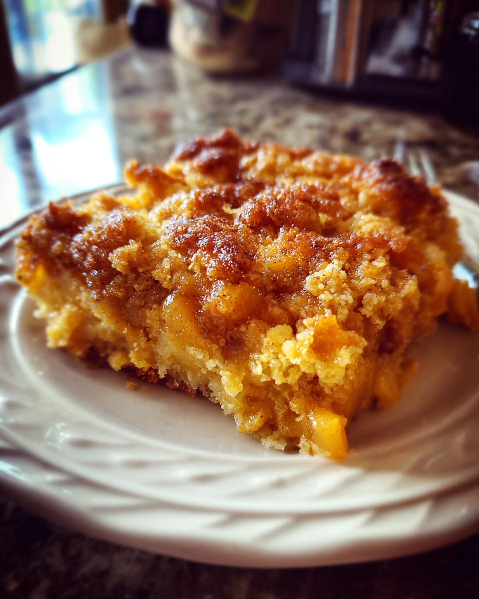 A close-up of a slice of delicious apple pie dump cake on a white plate, showing the crumble topping and apple filling.