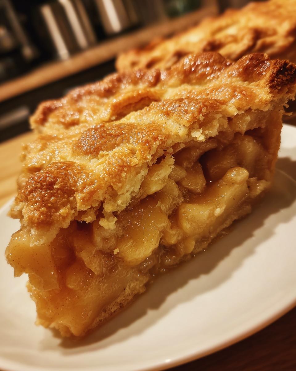 Close-up of a generous slice of apple pie dump cake, showing tender apple filling and a golden crust.