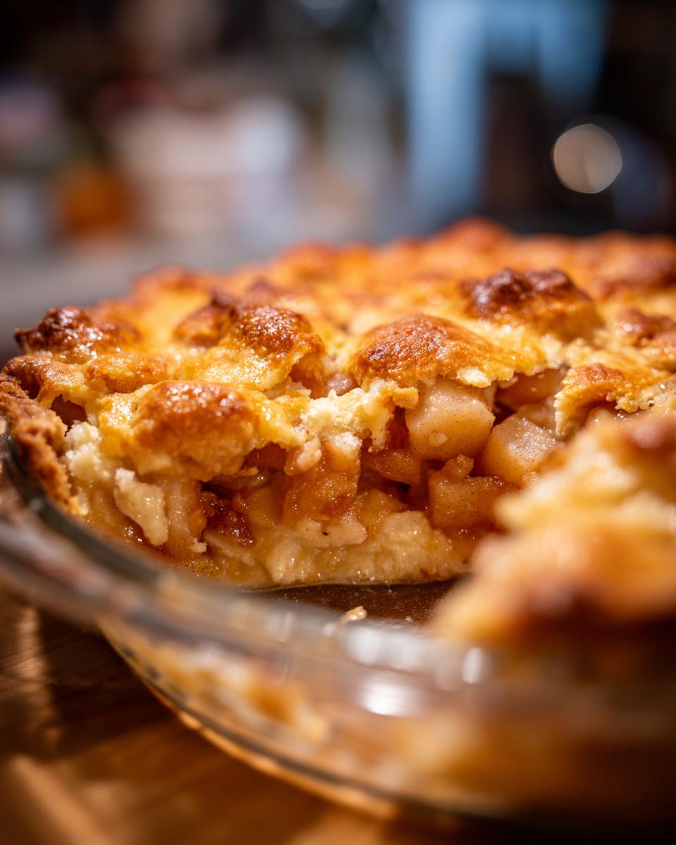 Close-up of a slice of apple pie dump cake in a glass dish, showing golden crust and apple filling.