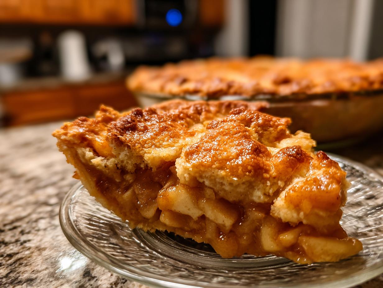 A close-up of a slice of apple pie dump cake on a clear plate, showcasing the flaky crust and tender apple filling.
