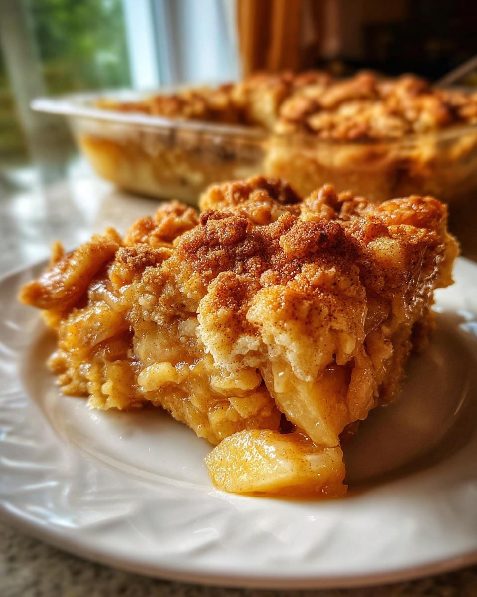 A close-up of a slice of apple snickerdoodle dump cake on a white plate, showing tender apple chunks and a cinnamon-sugar crumble topping.