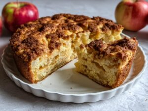A slice of apple snickerdoodle dump cake with chunks of apple and a cinnamon streusel topping.