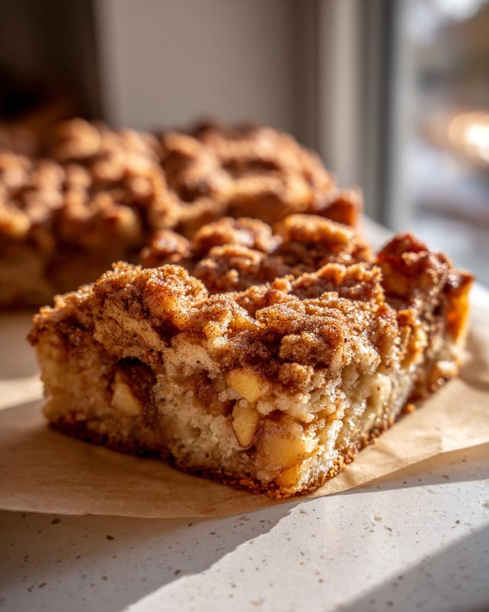 A close-up of a slice of Apple Snickerdoodle Dump Cake, showing tender cake, apple chunks, and cinnamon streusel topping.