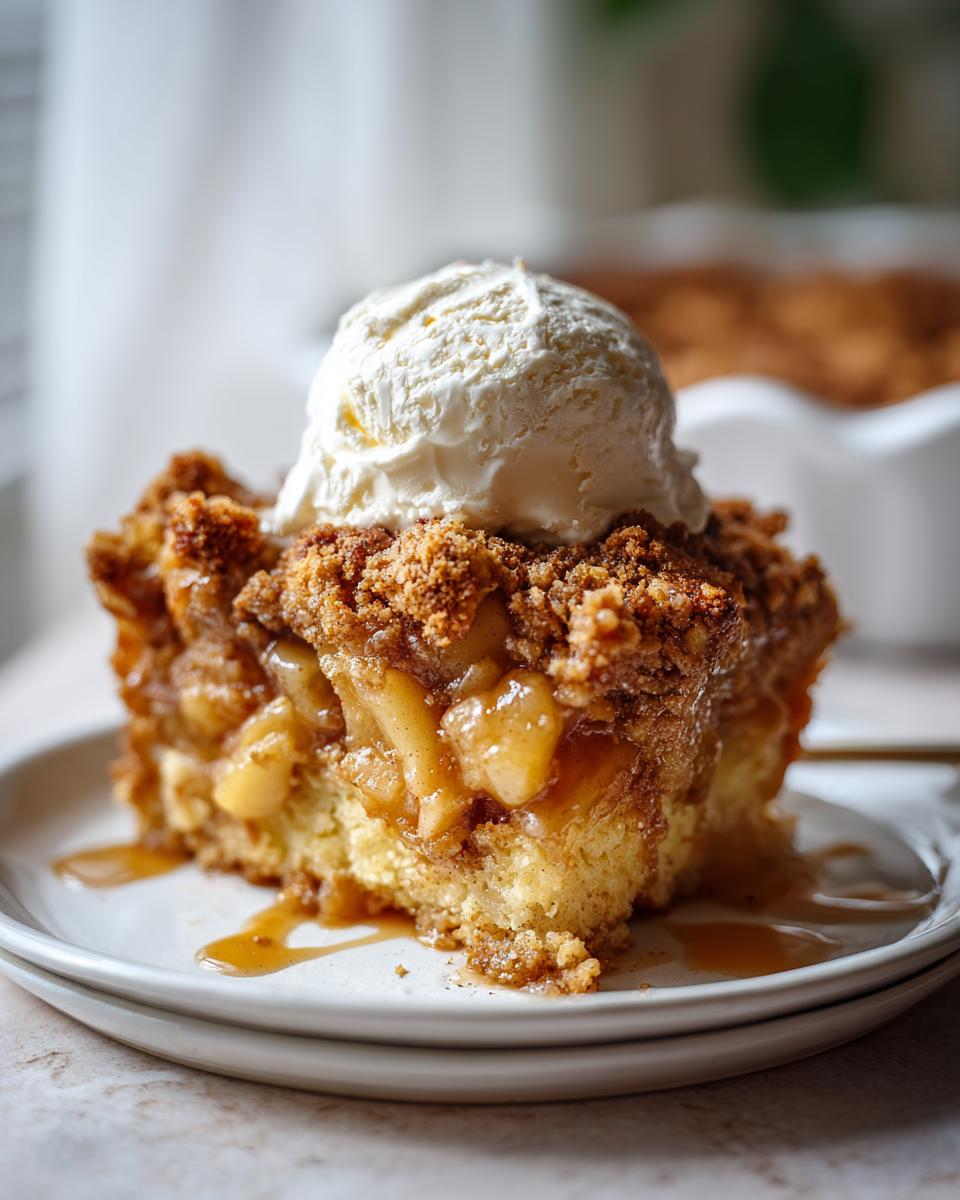 A slice of Apple Snickerdoodle Dump Cake topped with vanilla ice cream and drizzled with caramel.