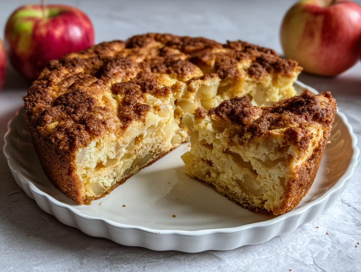 A slice of apple snickerdoodle dump cake with chunks of apple and a cinnamon streusel topping.