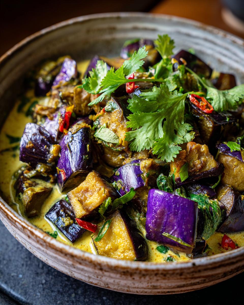 Close-up of a bowl filled with delicious aubergine curry, garnished with fresh cilantro and chili.