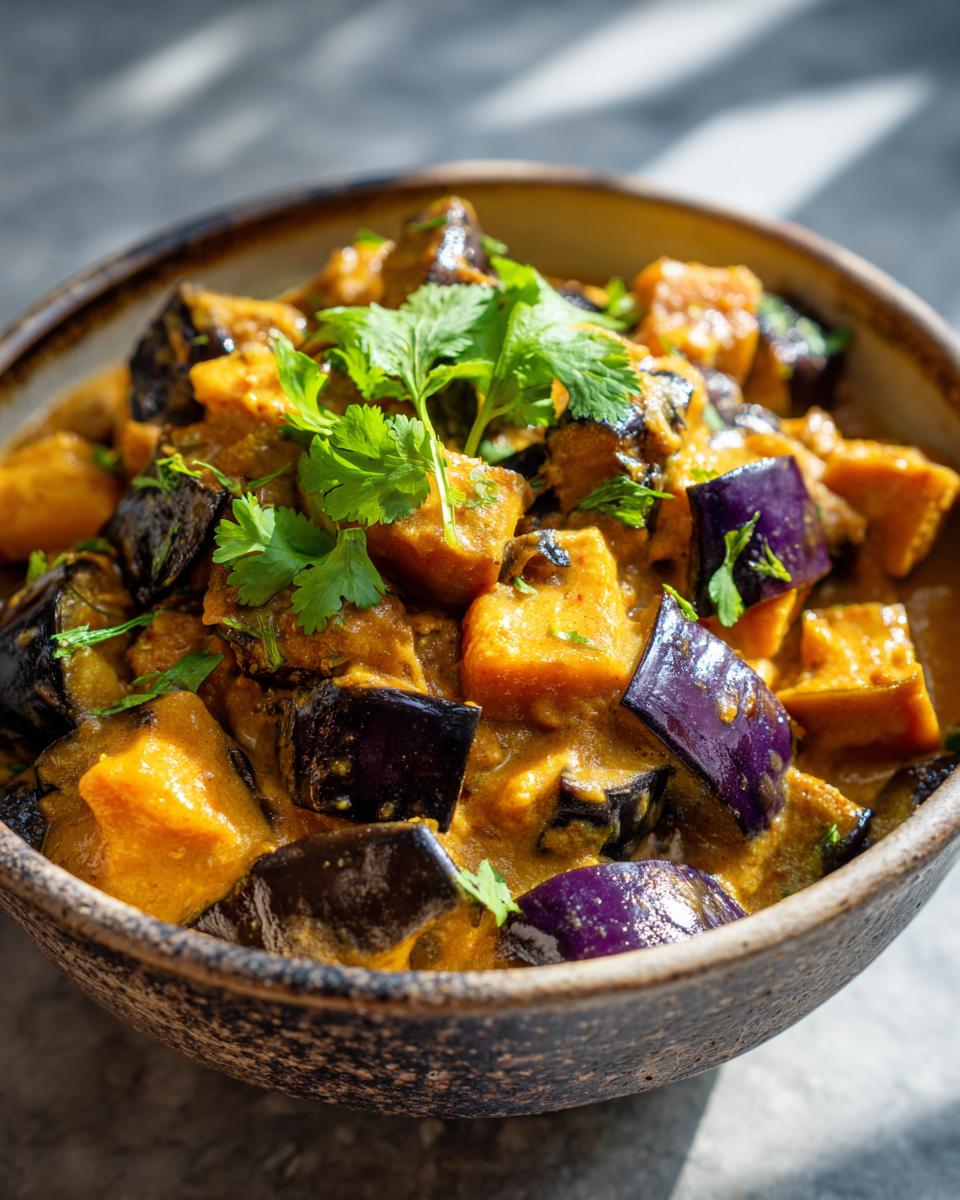 Close-up of a rustic bowl filled with creamy aubergine curry, featuring chunks of eggplant and sweet potato, garnished with fresh cilantro.