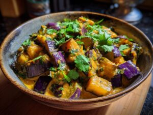 A close-up of a rustic bowl filled with creamy aubergine curry, garnished with fresh cilantro.