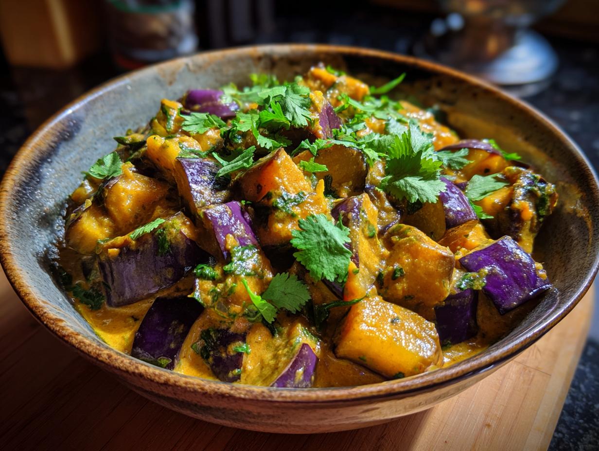 A close-up of a rustic bowl filled with creamy aubergine curry, garnished with fresh cilantro.