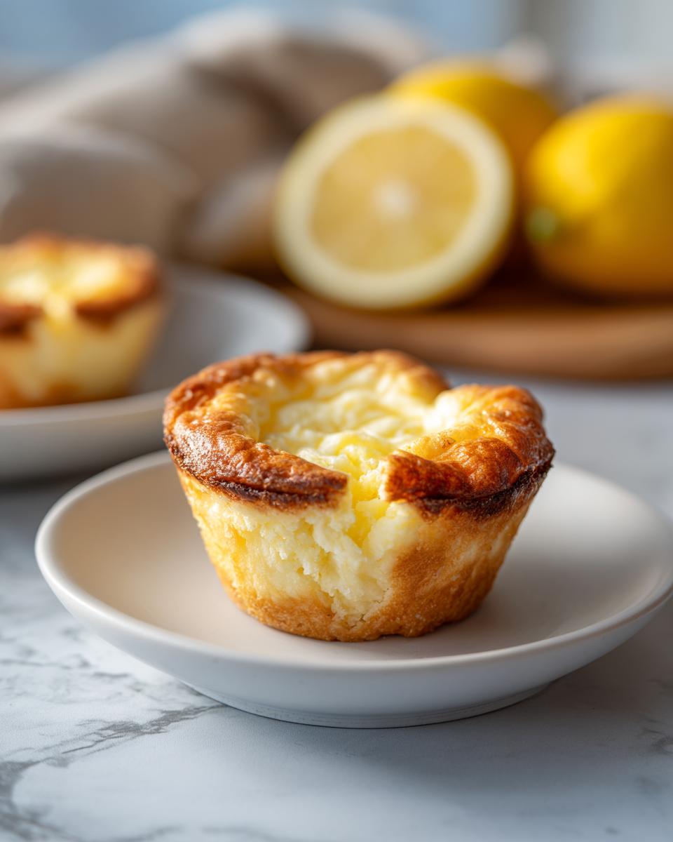 A close-up of a golden-brown baby lemon impossible pie on a white saucer, with lemons in the background.
