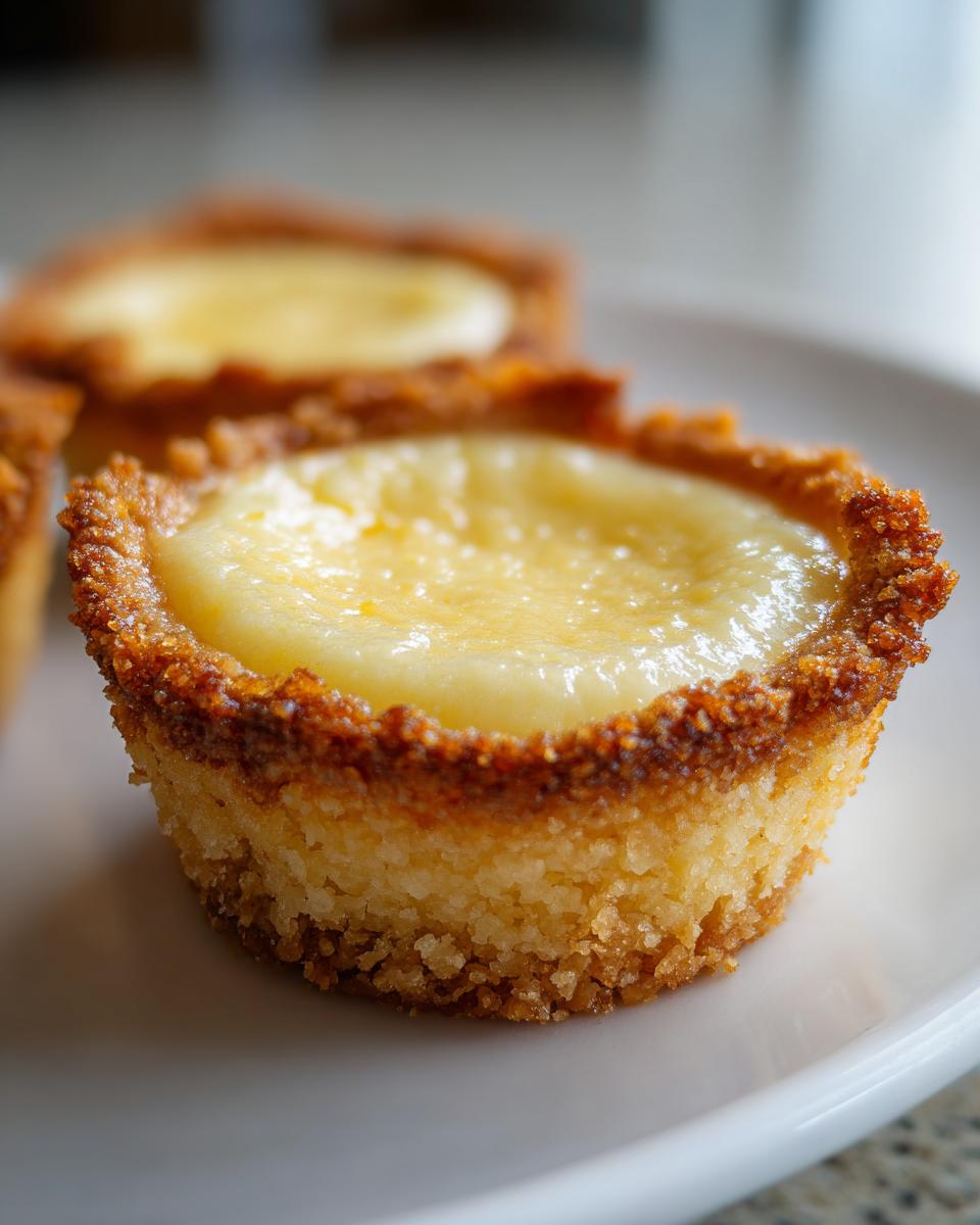 Close-up of a single baby lemon impossible pie with a golden crust and creamy lemon filling.