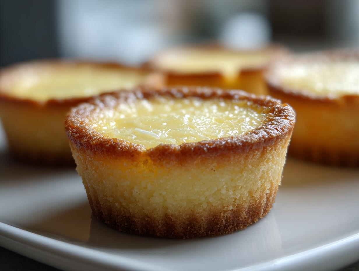 Close-up of a baby lemon impossible pie with a golden crust and creamy lemon filling.