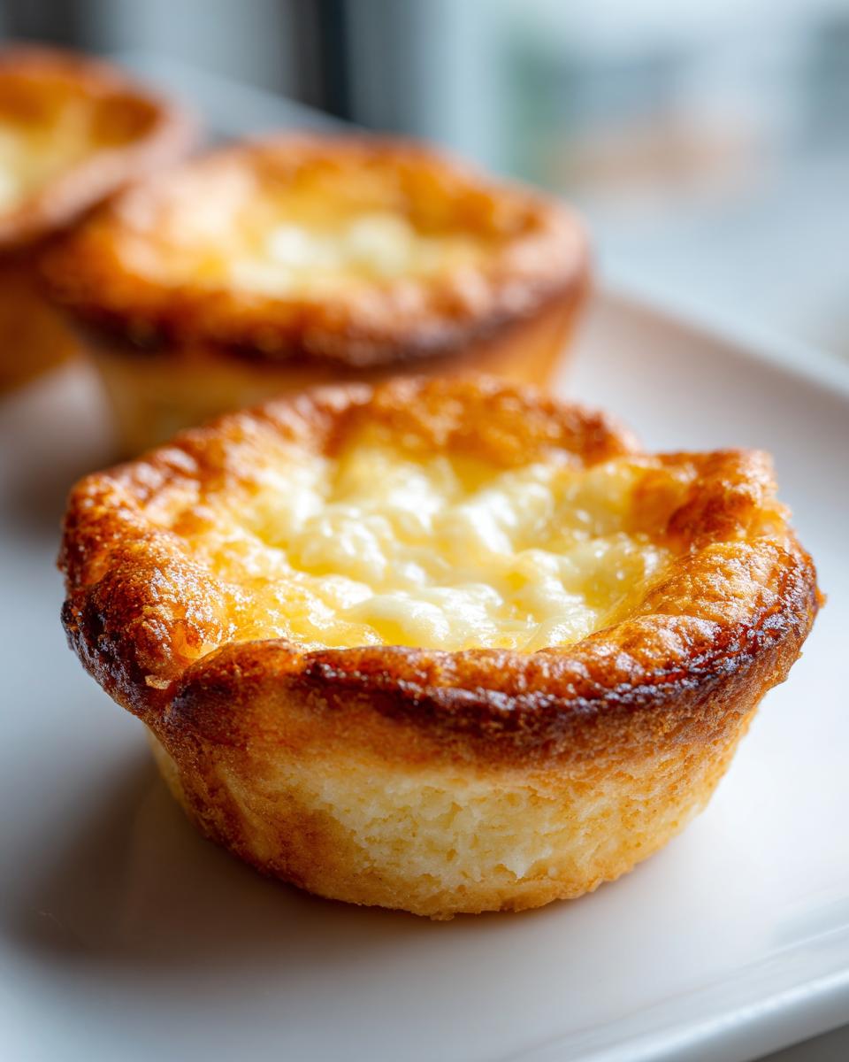 Close-up of a golden-brown baby lemon impossible pie with a creamy, slightly bubbly top.